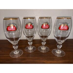 Lot of 4 Stella Artois Glasses Gold Rimmed Goblet
